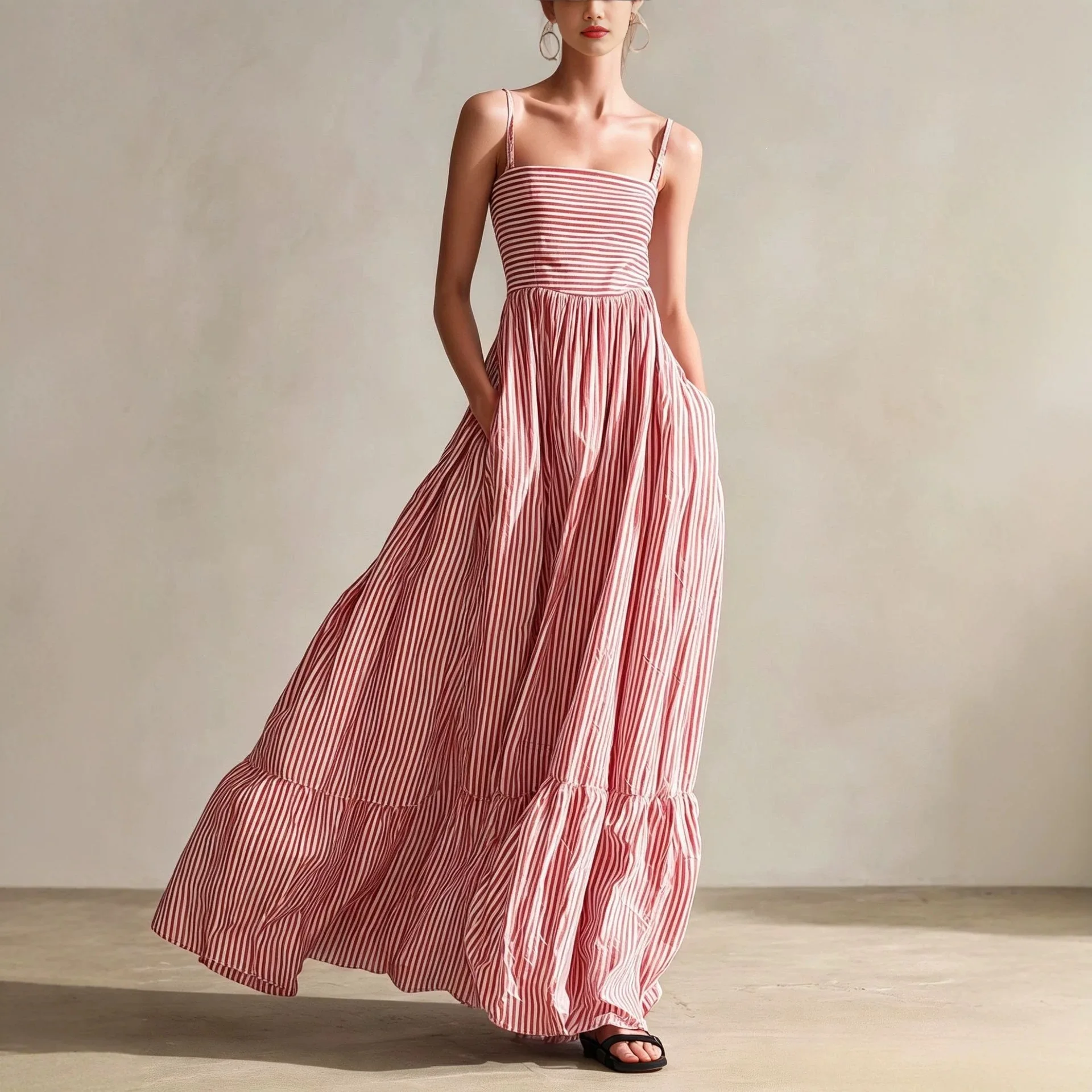 Summer New Casual Striped Women Woven Sleeveless Slim Shoulder Strap Long Dress