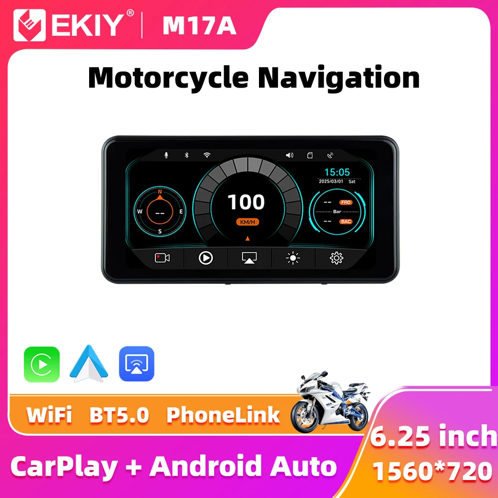 

EKIY 6.25" Wireless CarPlay Moto Android Auto Portable Digital Motorcycle Dashboard GPS Navigation Display Screen TPMS Monitor