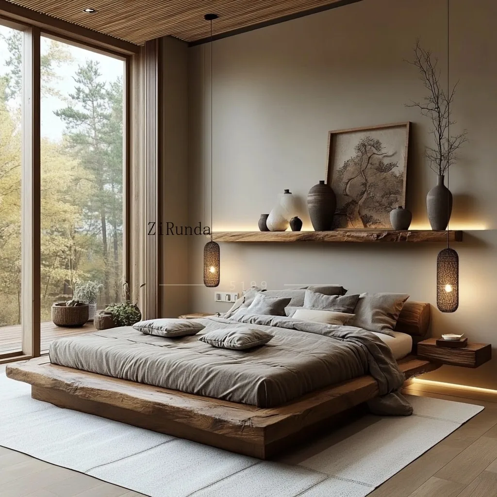 Wabi Sandy Wind Homestay سرير مزدوج من الخشب الصلب، سرير أرضي، غرفة نوم منزلية رئيسية أثاث بيئي أصلي 1.8 متر
