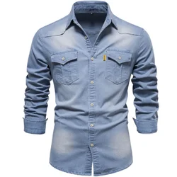 Long Sleeve Denim Shirt For Men Non Ironing Casual Solid Cotton Top With Pockets Men Jacket Clothing Oversize EUR Size S-5XL