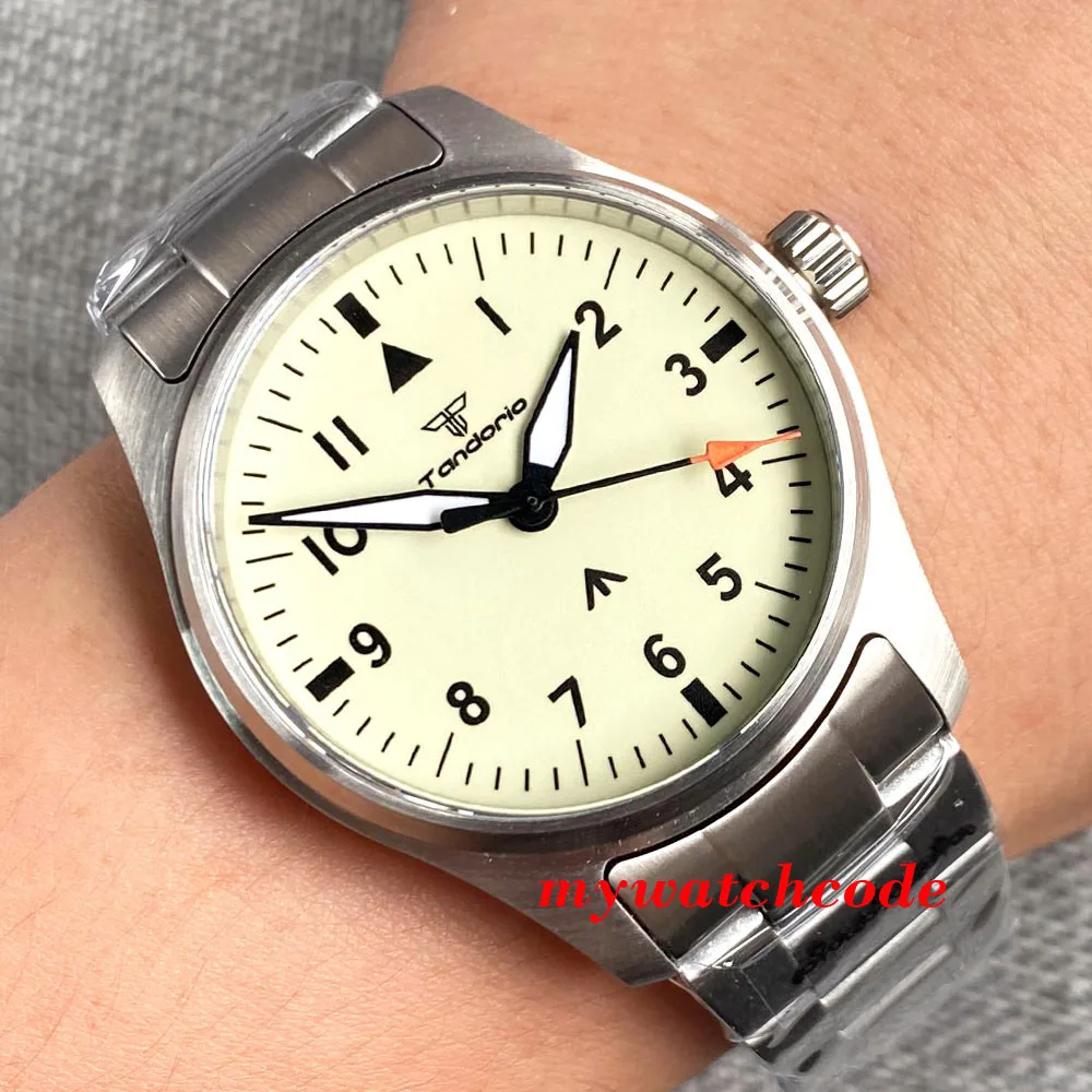 39mm Pilot Aviator Watch for Men Vintage White NH35 Automatic Wristwatch Sapphire Glass Leather Band Black Edge Arrow Hand