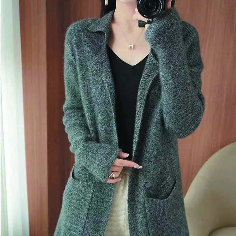 

Mid To Long Cardigan New 2025 Autumn Winter Women's Slimming Loose Sweater Casual Simple Fashionable Long Sleeved Knitted Jacket