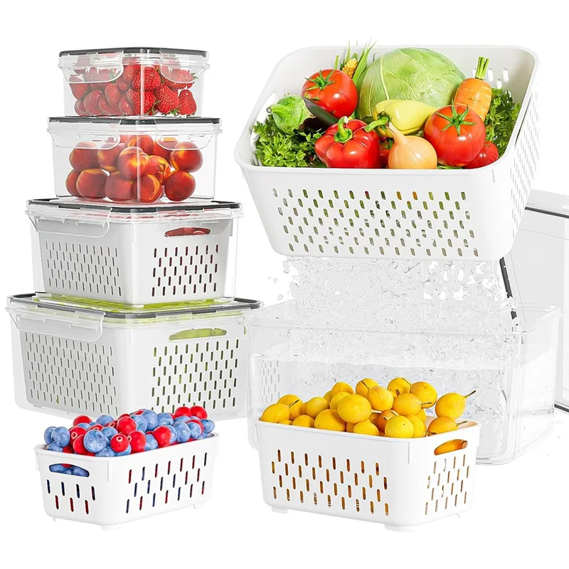 

AED4-5 Pack Fruit Storage Containers For Fridge With Removable Colanders - Food Storage Containers With Lids