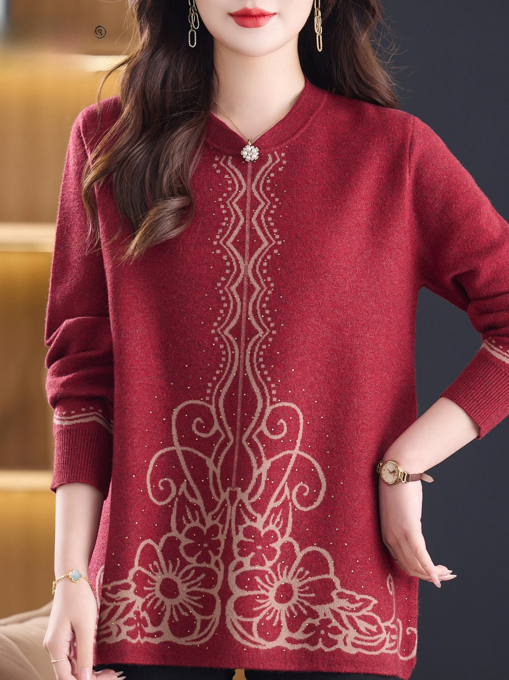 

New Chinese Sle Thiened Warm round Ne Printed Knitted Sweater Materni Wear Base irt Plant Floral Pattern Women's Top