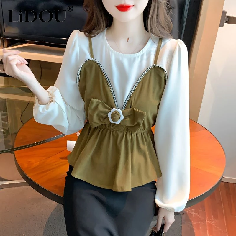 

French Style Fake Two Pieces Shirt 2023 Spring Round Neck Long Sleeve Bow Corset Pullovers Ladies Fashion Elegant Casual Tops