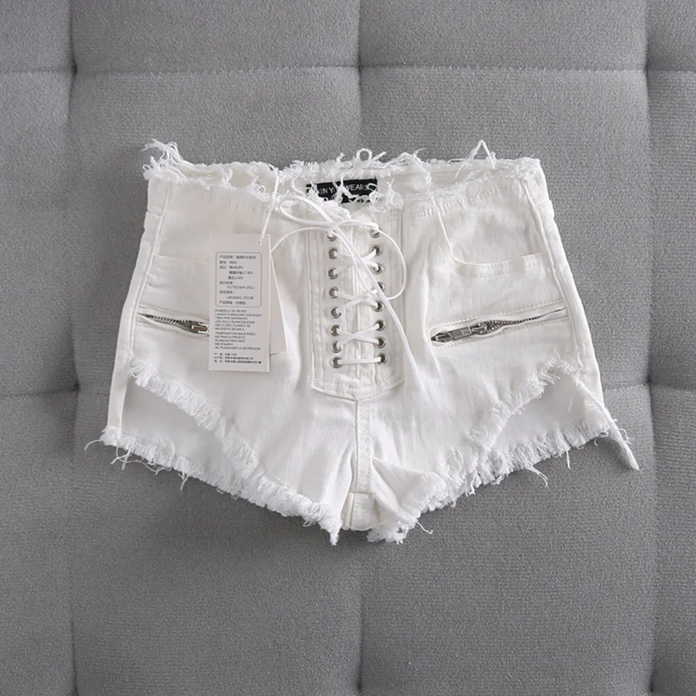 Fashion Lace-up Women Loose High Waist Crimping Denim Shorts Cotton Pockets Street Zipper Burrs Short Jeans Casual Sexy Hot Pant