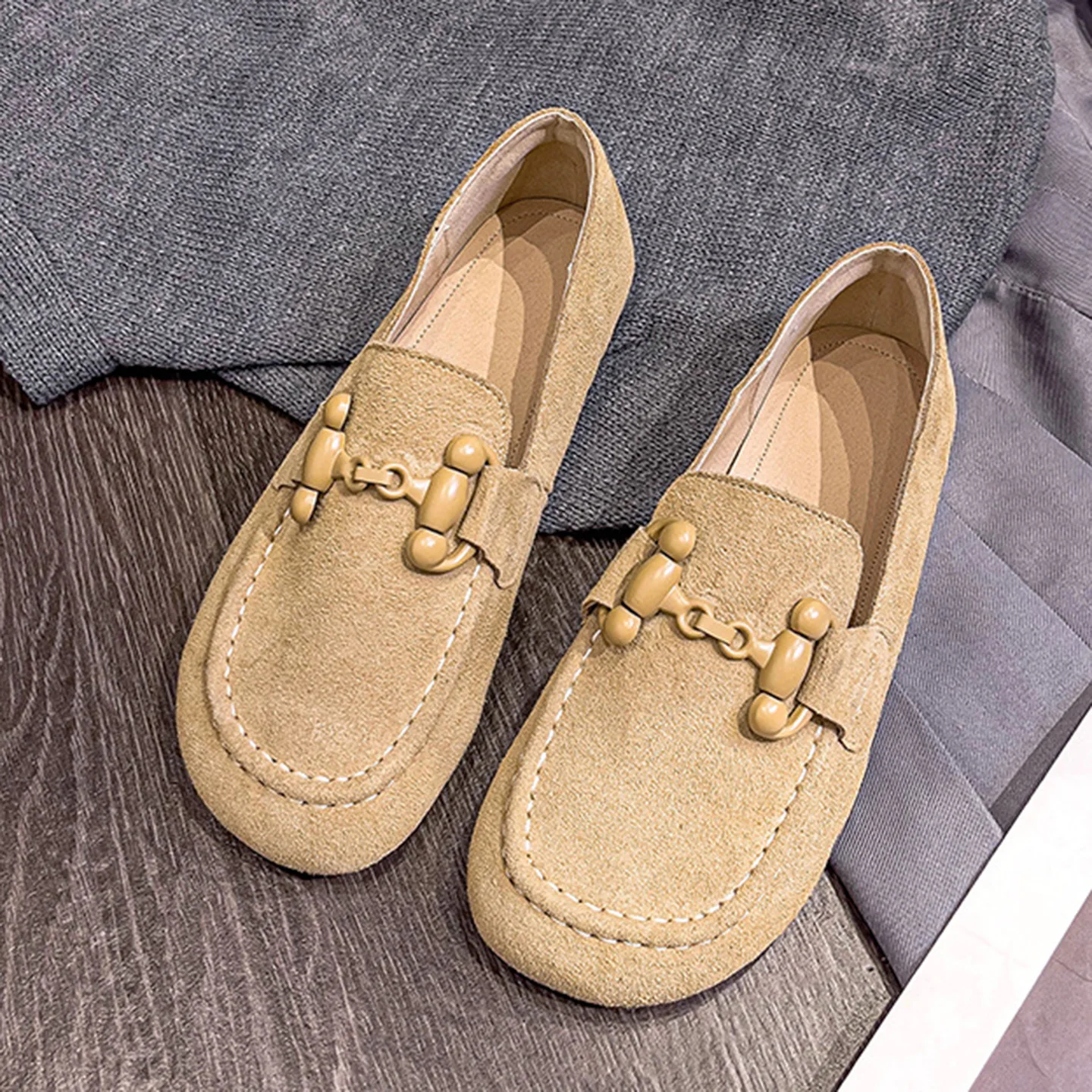 

New loafers shoes women's shoes soft leather retro round toe lazy foot sole comfortable casual single shoe daily Walking Shoes