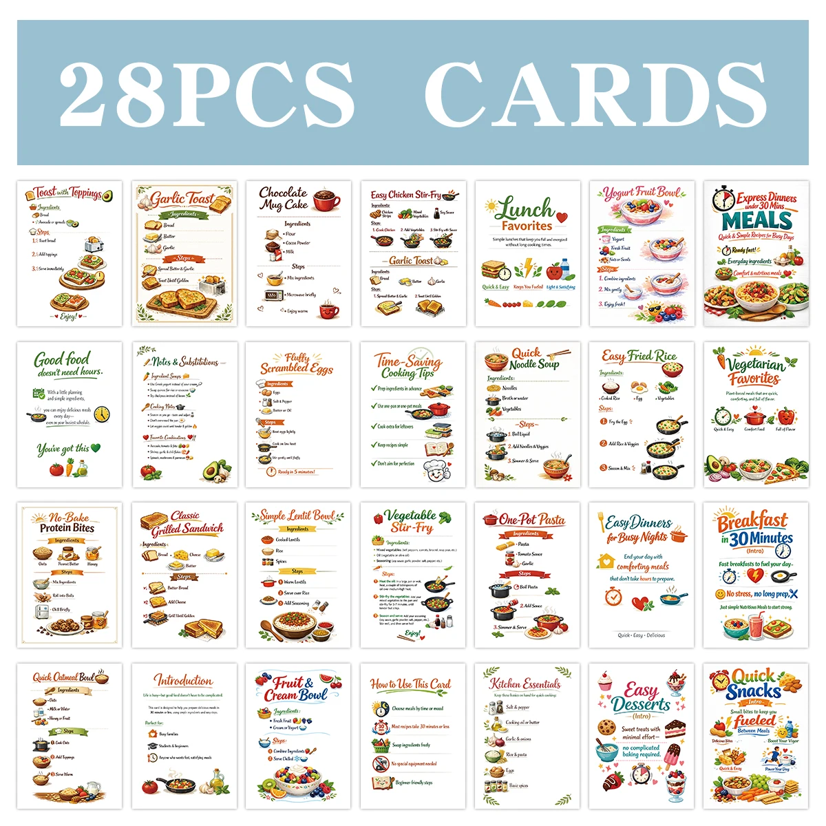 28pcs Easy 30-Minute Quick Meal Recipe Cards,Step-By-Step Culinary Cooking Guide Card,Beginner Kitchen Essentials Reference Card