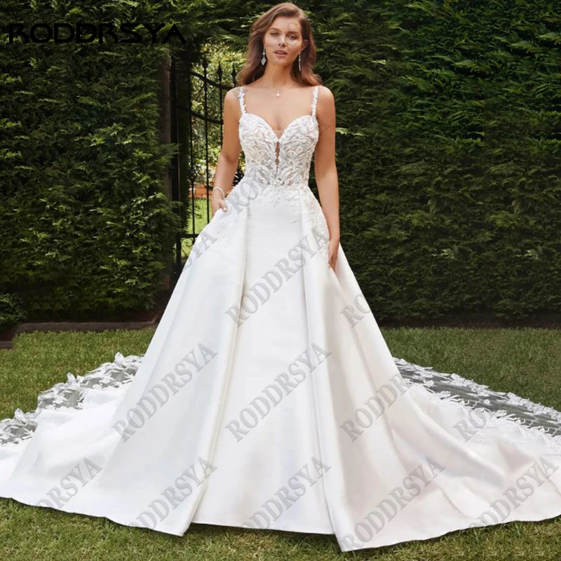 RODDRSYA-encantador Vestido de Novia con apliques de encaje, Vestido de Novia con tirantes finos, Espalda descubierta, sin mangas, cuello en V, hecho a medida Encantador encaje apliques vestido de novia tirantes espagu