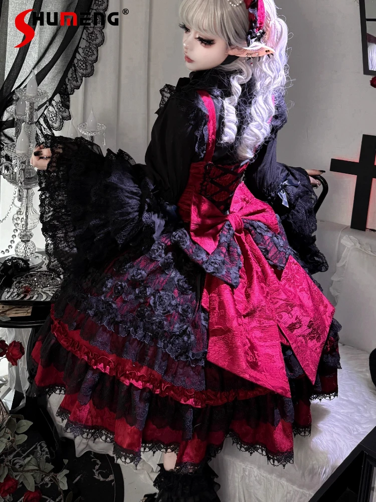 

Elegant Sweet Princess JSK Dresses Lace Patchwork Flying Sleeves Square Neck 3D Flower Bow High Waist Lolita Puffy Dress Women