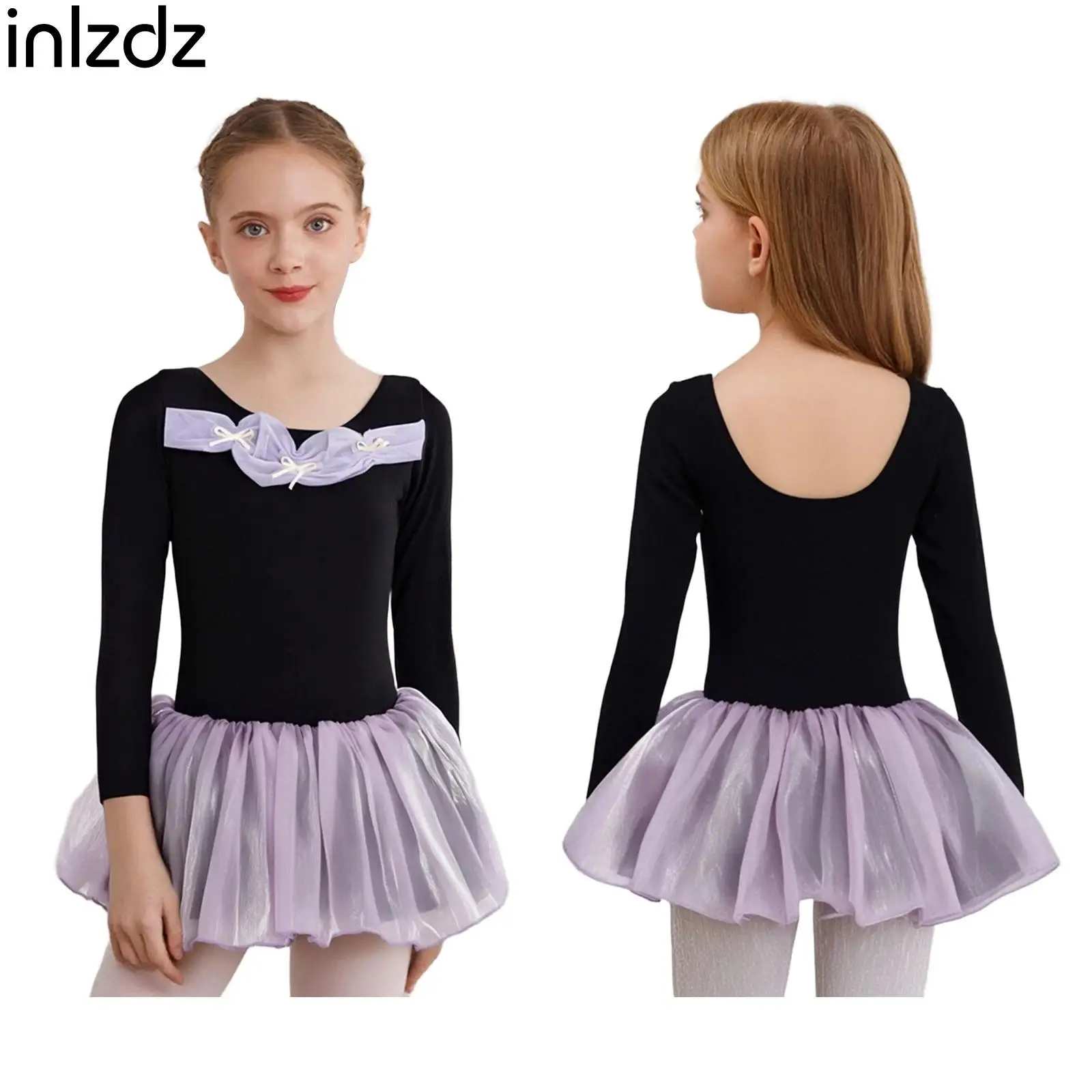 

Girls Gymnastics Ballet Dance Dress Party Performance Competition Costumes Long Sleeve Cute Bowknots Tulle Tutu Dance Dresses