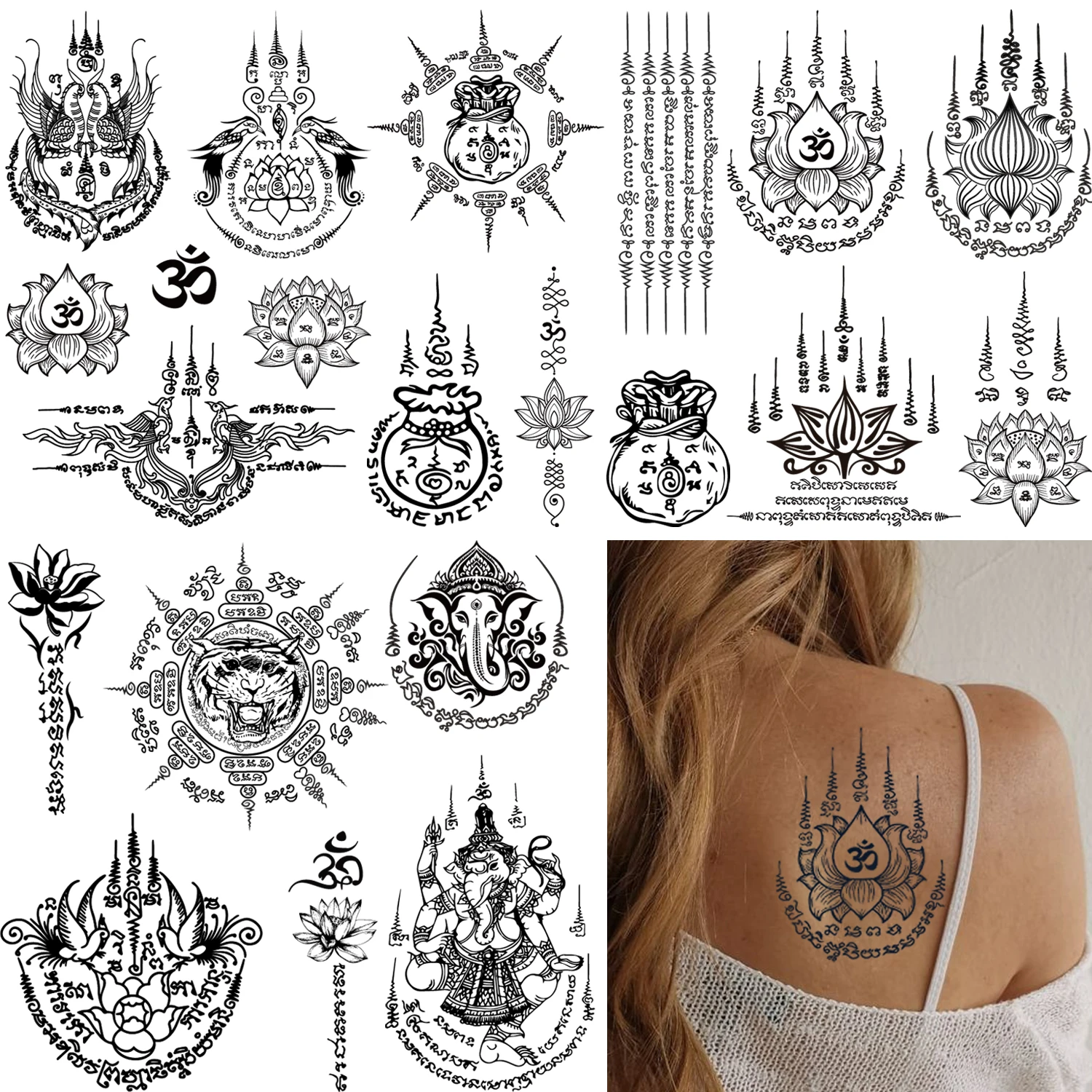 6 Sheess  Long-Lasting 1-2 Weeks, Temporary Tattoos - Black  Designs for Men & Women, Includes Om, and Spiritual Symbols