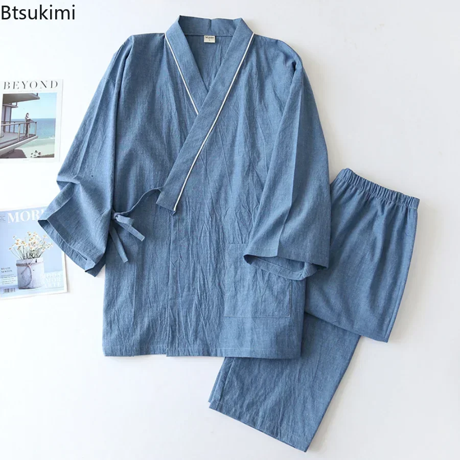 New 2024 Men\'s Solid Japanese Kimono Pajamas Casual Sleepwear Male Lace-Up Top and Pants Sets Soft Two-piece Homewear Suit Male