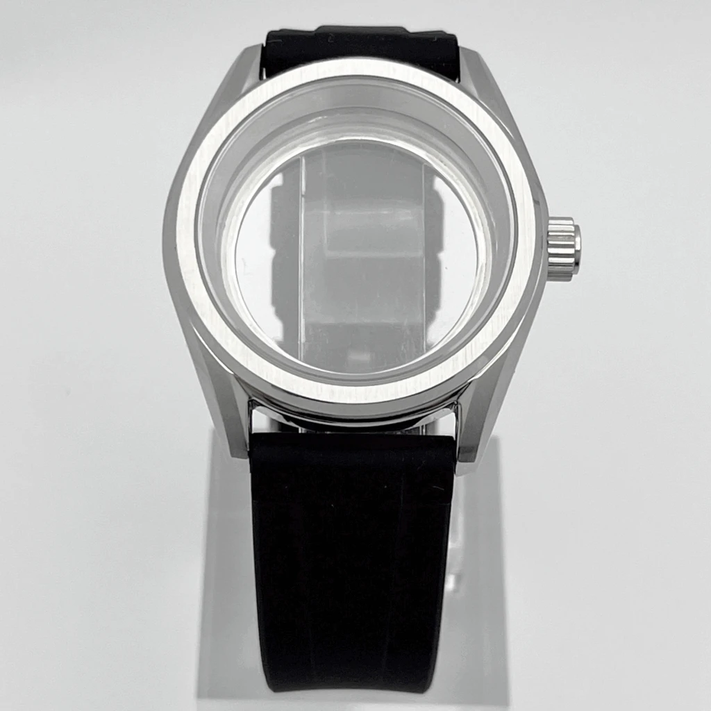 38mm NH35 Case Sapphire Glass Silver Watch Case Rubber Strap Fit NH35 NH36 ETA2824 PT5000 Movement Watch Accessories