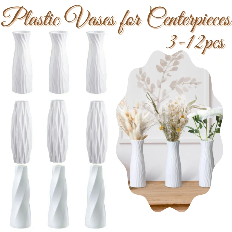 

3-12PCS White Plastic Vases for Centerpieces Unbreakable Small Flower Vase Bulk for Wedding Tea Party Decorate Living Room