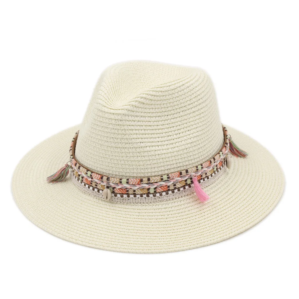 

Panama Fedora Hat Summer Straw Hat for Women & Men - Beach Wedding Wide Brim Sun Hat with Tassels & Braided Trim, Lightweight Br