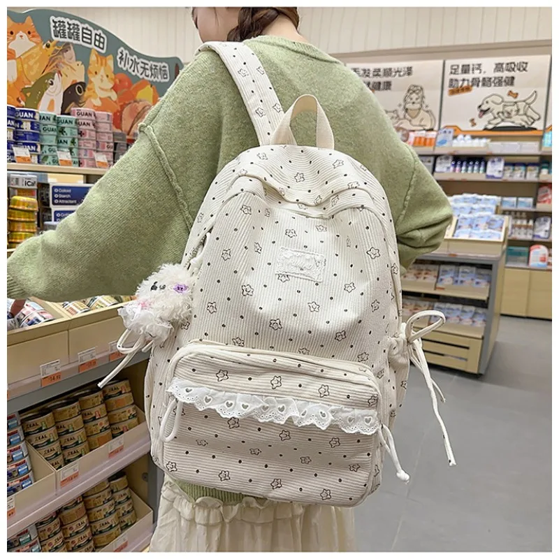Corduroy Winter Backpack Korean Teenage Girls Star Print Lace Kawaii Daypack Students School Bags Outdoor Casual Travel Rucksack