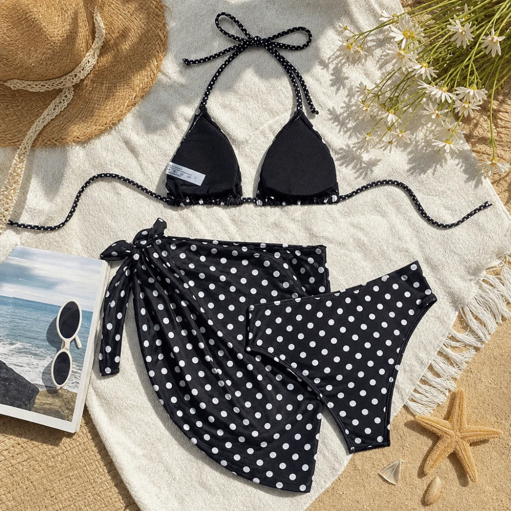 3pcs Beachwear Clothing Halter 3-Piece Swimwear Dot Print Deep V Women Swimsuit Slim Fit Lace Up Bikinis Set Summer Season