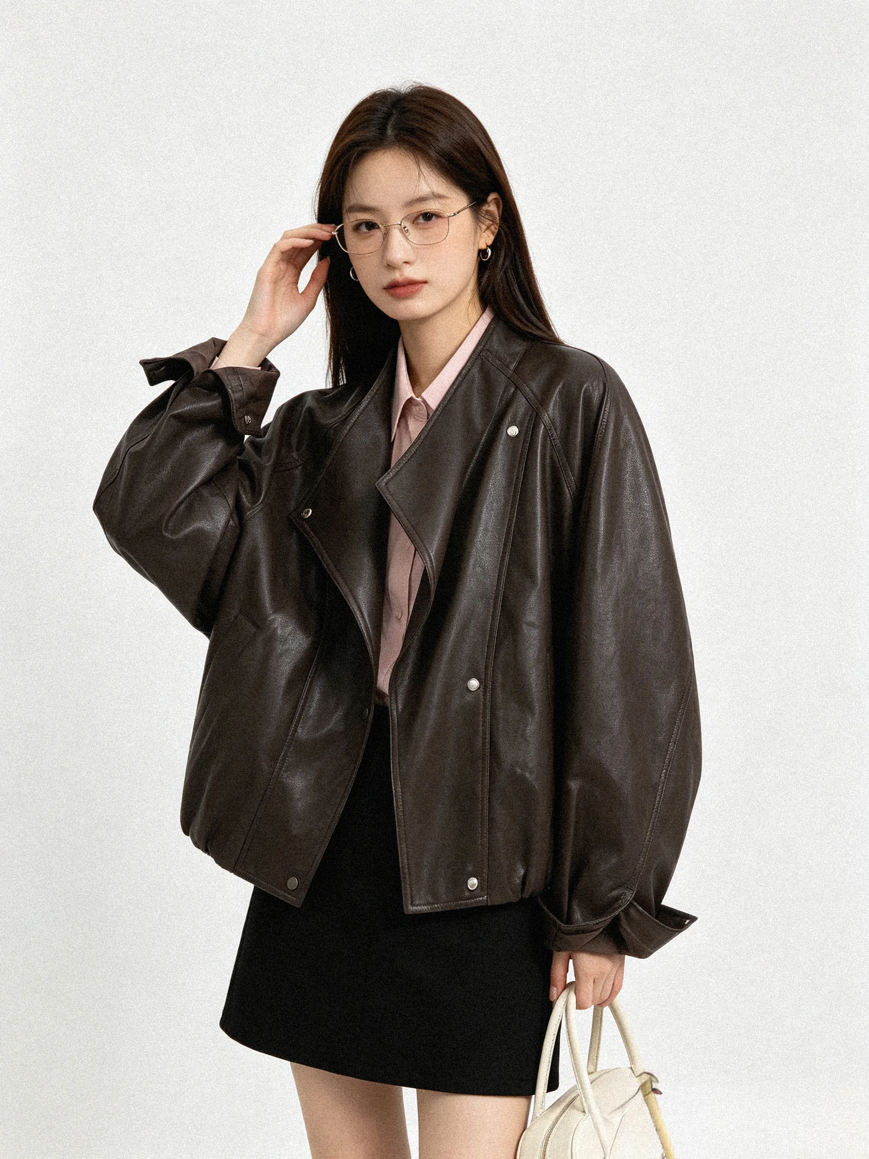 Elegant Short Stand Collar Leather Jacket Simple Korean Style Slimming Versatile Autumn Winter Biker Coat for Young Women