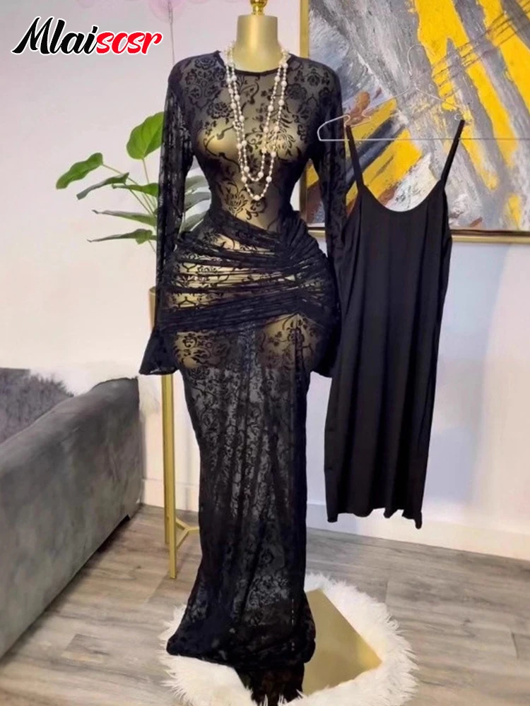 Mlaiscsr 花柄 アフリカ風 長袖 メッシュ重ね着 シースルー 裏地付き ボディコン ロングドレス レディース ブラック イブニング ラグジュアリー セクシー ローブ