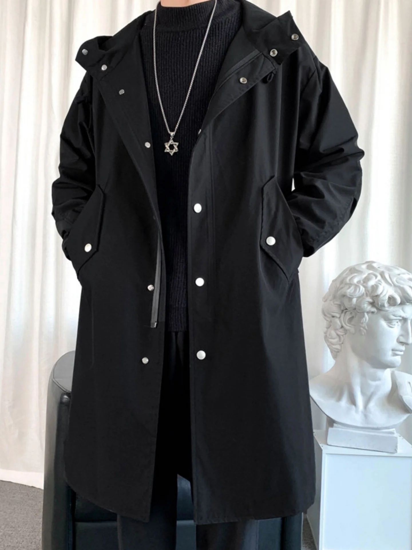 

Men's Casual Long Coat Spring Autumn Fashion Trendy Mid-Length Design High-End Leisure Coat Windproof Breathable Thickened