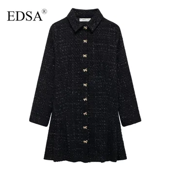 EDSA 여성용 블랙 텍스처 셔츠 스타일 미니 원피스 싱글 브레스트 턴다운 칼라 사이드 플리츠 아우터 Best5 EDSA 여성용 블랙 텍스처 셔츠 스타일 미니 원피스 싱글 브레스트 턴다운 칼라 사이드 플리츠 아우터 Best5