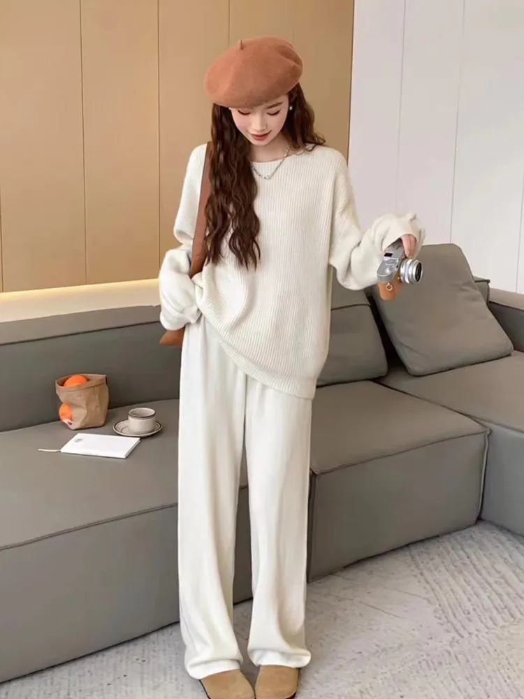 Women Solid Knitted Two Piece Suit Autumn Winter Long Sleeve Slash Neck Loose Sweater Top+Wide Leg Pants Casual Outfits Mujer