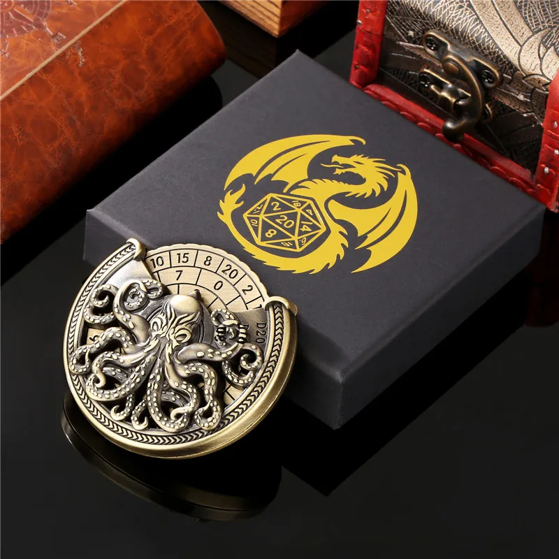 

7-in-1 Octopus Eyes Metal Dice Spinner Retro Dice Roulette for Tabletop RPG Entertainment Gaming Wheel with Dragon Present Box