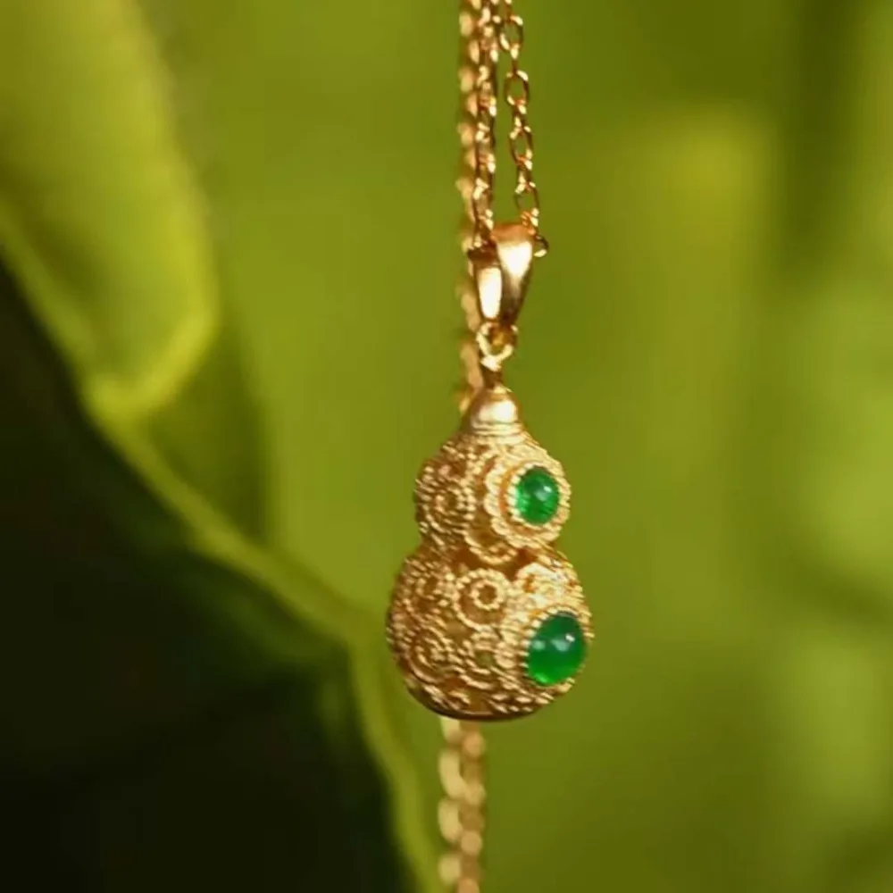National style design famous ethnic style ancient chalcedony gourd necklace 9999gold