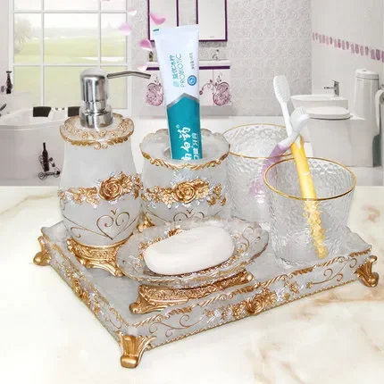 

Resin Bathroom Set Soap Dish Dispenser Tooth Brush Holder Toothpick Accessories