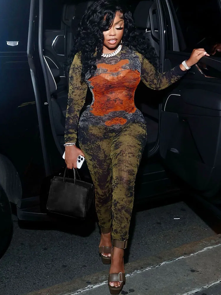 

Nibber Stretch Tie-Dye Print Jumpsuit Women Fitness Tight Sexy o-Neck Full Sleeve Skinny Streetwear Autumn Zip Slim Overalls