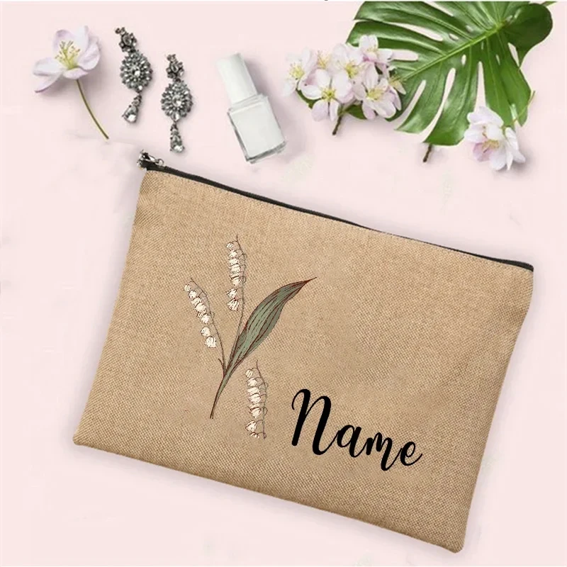 Personalized Customization birth Month Name Date Flower Makeup Bag Women Travel Makeup Zipper Handbag Toilet Toiletries Wallet