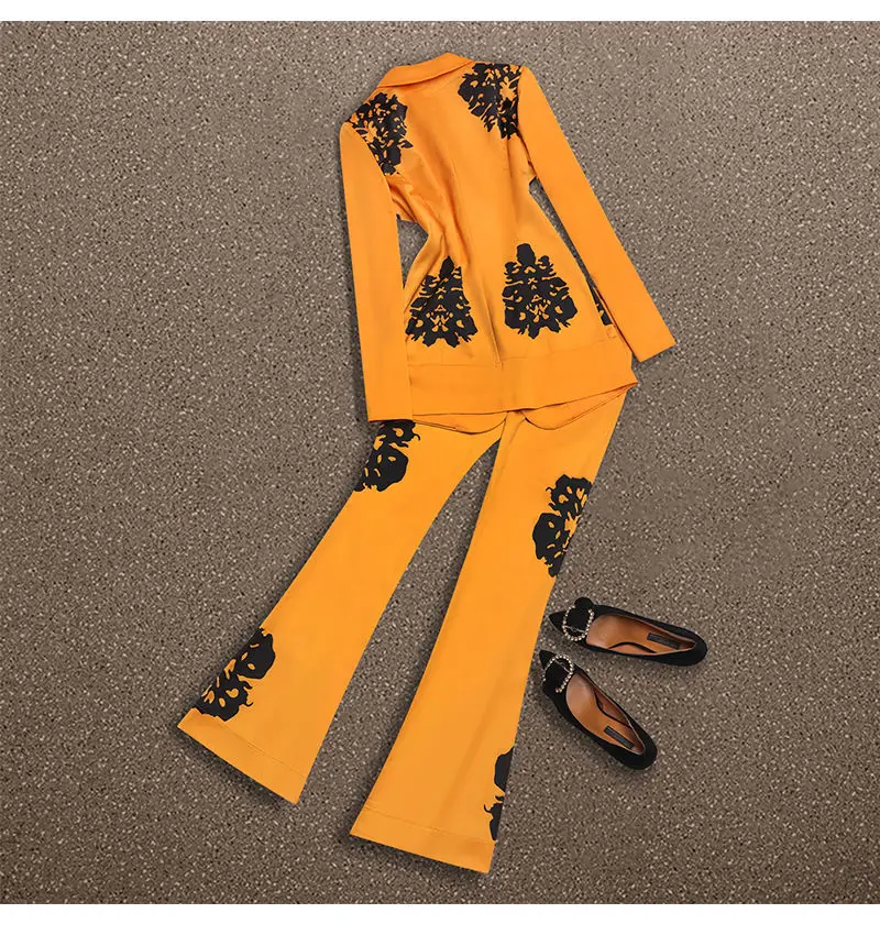 Women Elegant Floral Yellow Suit Jacket Coat Top And Long Pant Two Piece Set Matching Outfit Office Ladies Fashion Casual Cloth