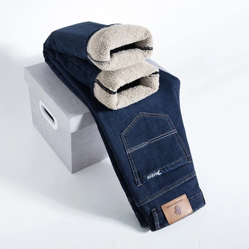 Men's Winter Fleece Straight Jeans Thickened Warm Plush Comfortable Denim Pants Fashion Business Casual Trousers Male Clothes