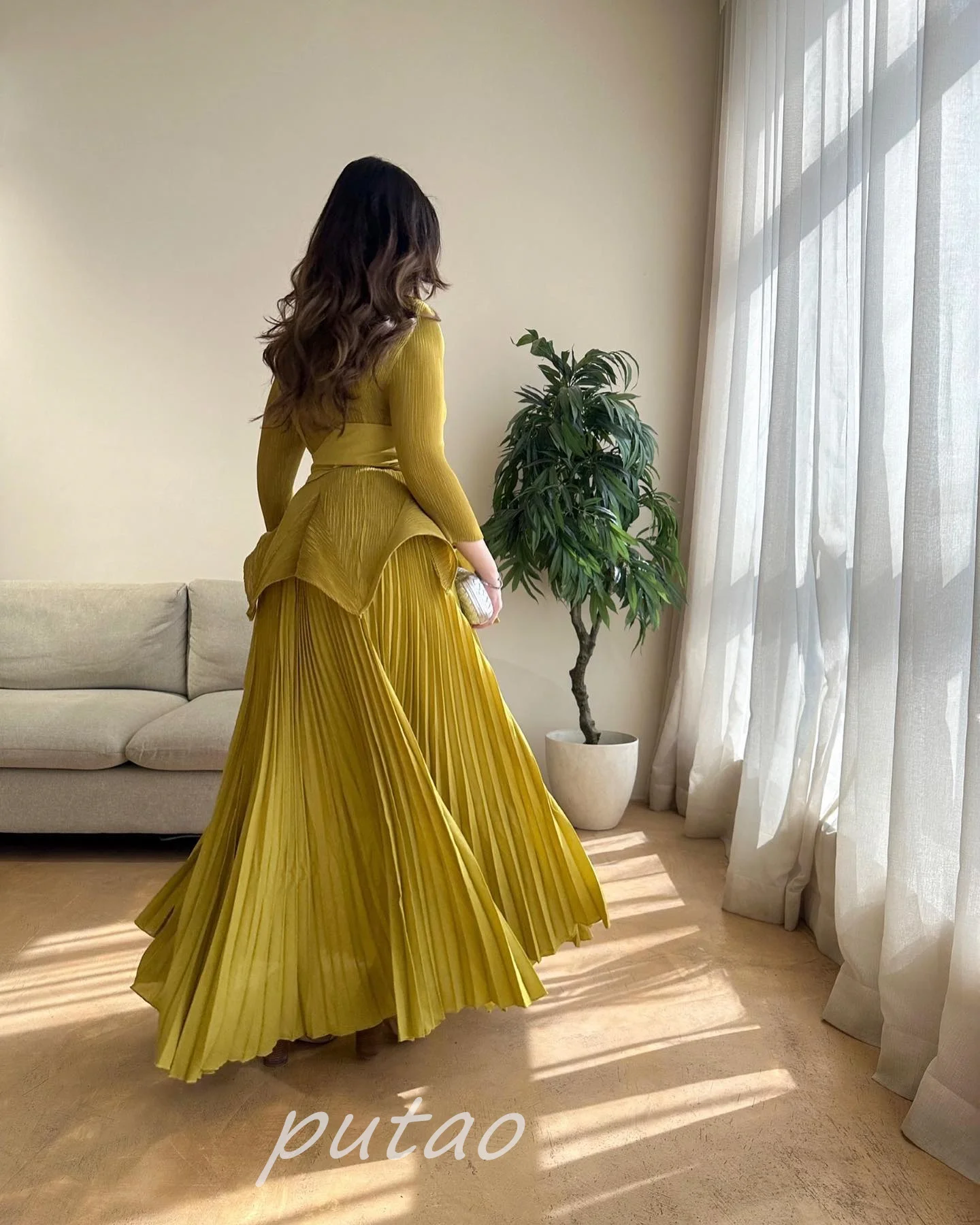 PUTAO Chiffion Evening Dress Long Sleeves Ruffled Formal Occasion Gown Belt Bow Prom Dress For Ramadan 2024 vestidos de noche