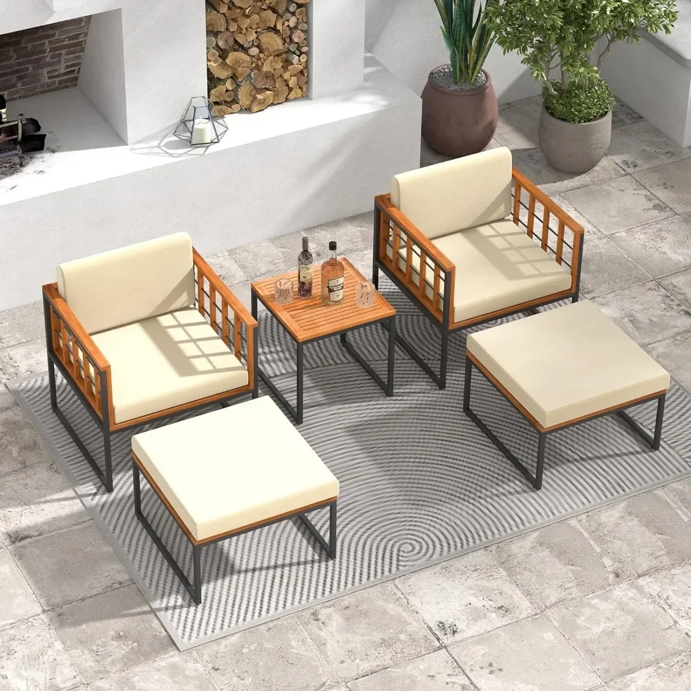 5 pcs acacia wood patio outdoor furniture set with ottoman, cushions, coffee table, poolside, garden, balcony and backyard