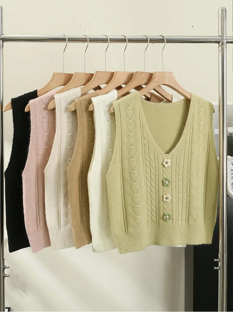 Women Knitted Vest Autumn V-Neck Sleeveless Solid Color Short Vest Korean Style Casual Knitwear Tops