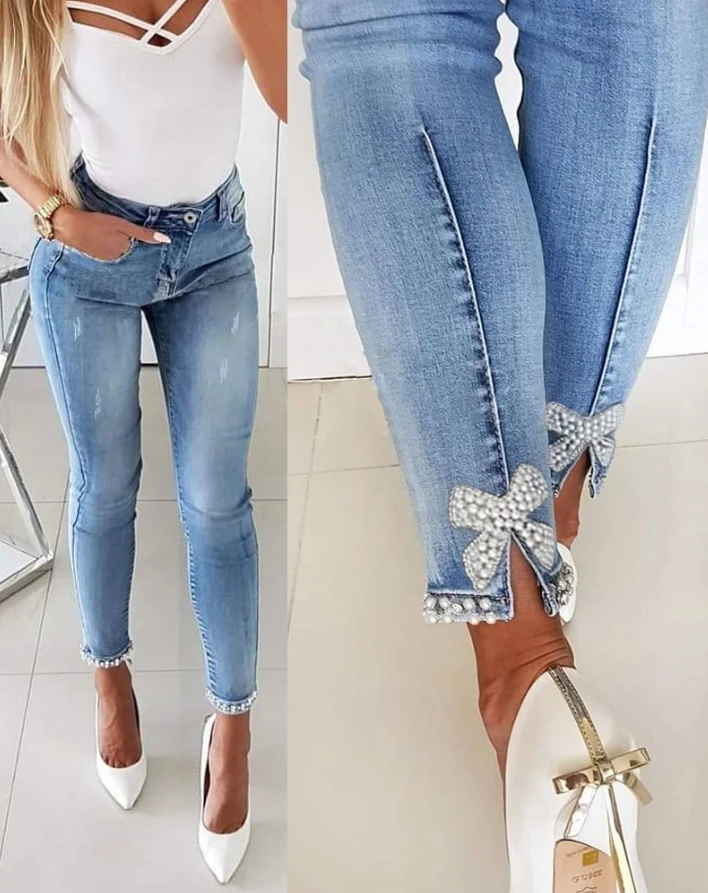 Moda donna Denim Runner 2024 Estate Tardo Casual Strass Perline Fessura Bowknot Jeans Skinny Cerniera Tasca a vita alta Pantaloni