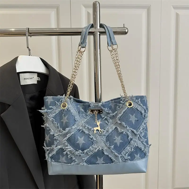 

Women's Personalized Vintage Denim Tote Bag Large Capacity Shoulder Bag Versatile Plaid Commuting Bag