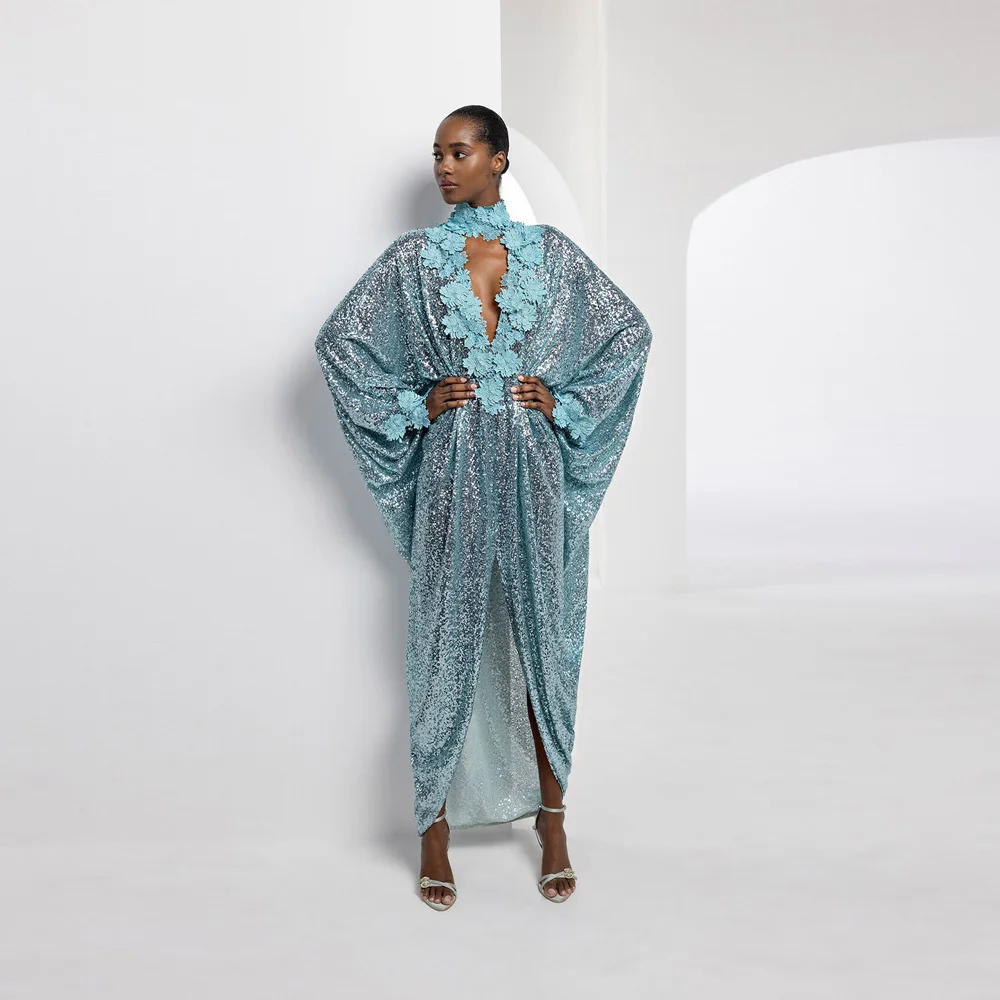 Modest Sky Blue Sequined Asymmetrical Long Dresses With Delicate Appliques Shiny kaftan Women Maxi Dresses