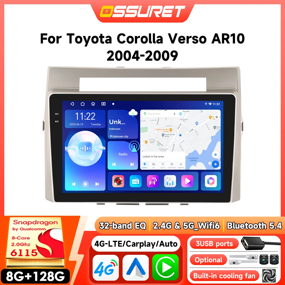 8Core 2Din Android Autoradio für Toyota Corolla Verso AR10 2004 - 2009 Auto-Multimedia-GPS Wireless Carplay Player mit Snapdragon 6115 Touchscreen.