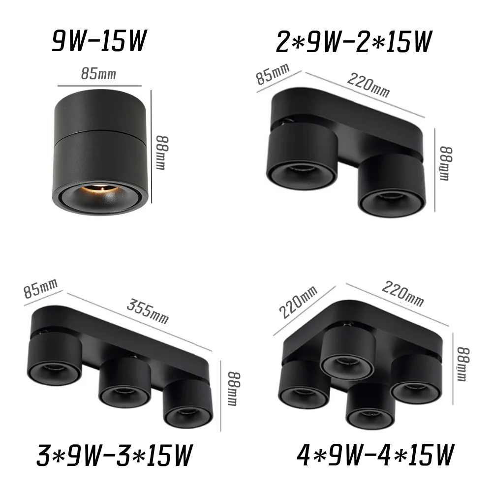 Roundness LED Downlights, Plafonnier, Dimmable, Rotation 360 °, Pliable 90 °, 15W, 1-4 Têtes, COB, Spots, AC 110V, 220V, Home Business