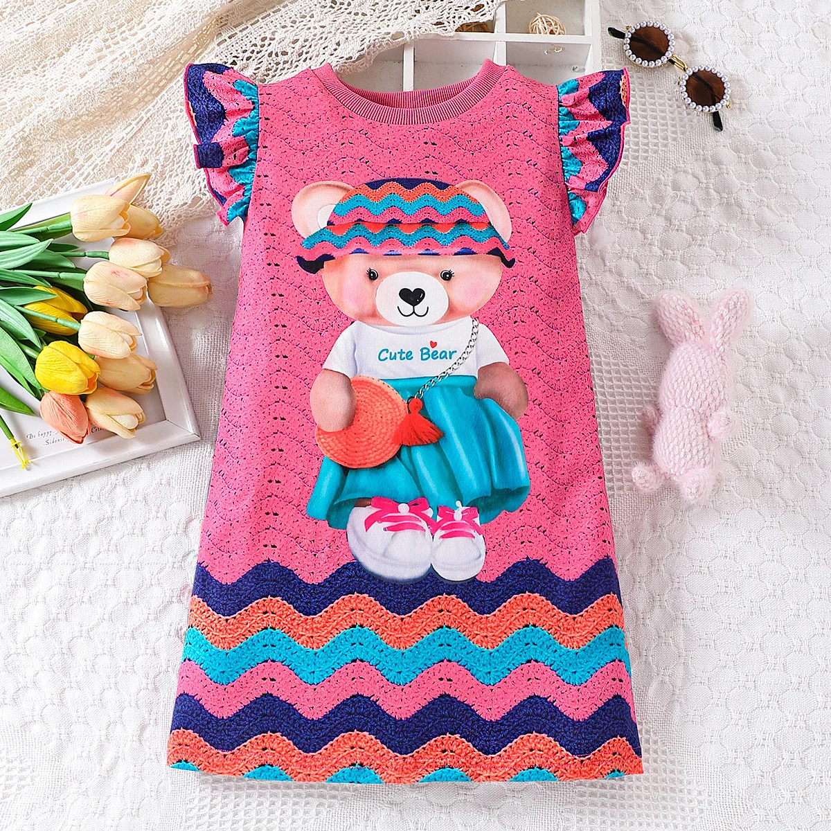 New Summer Cute Girl Dresses Cartoon Bear Print Flying Sleeve Knit Texture Princess Dresses For Holiday Casual Outings 1-8 Years