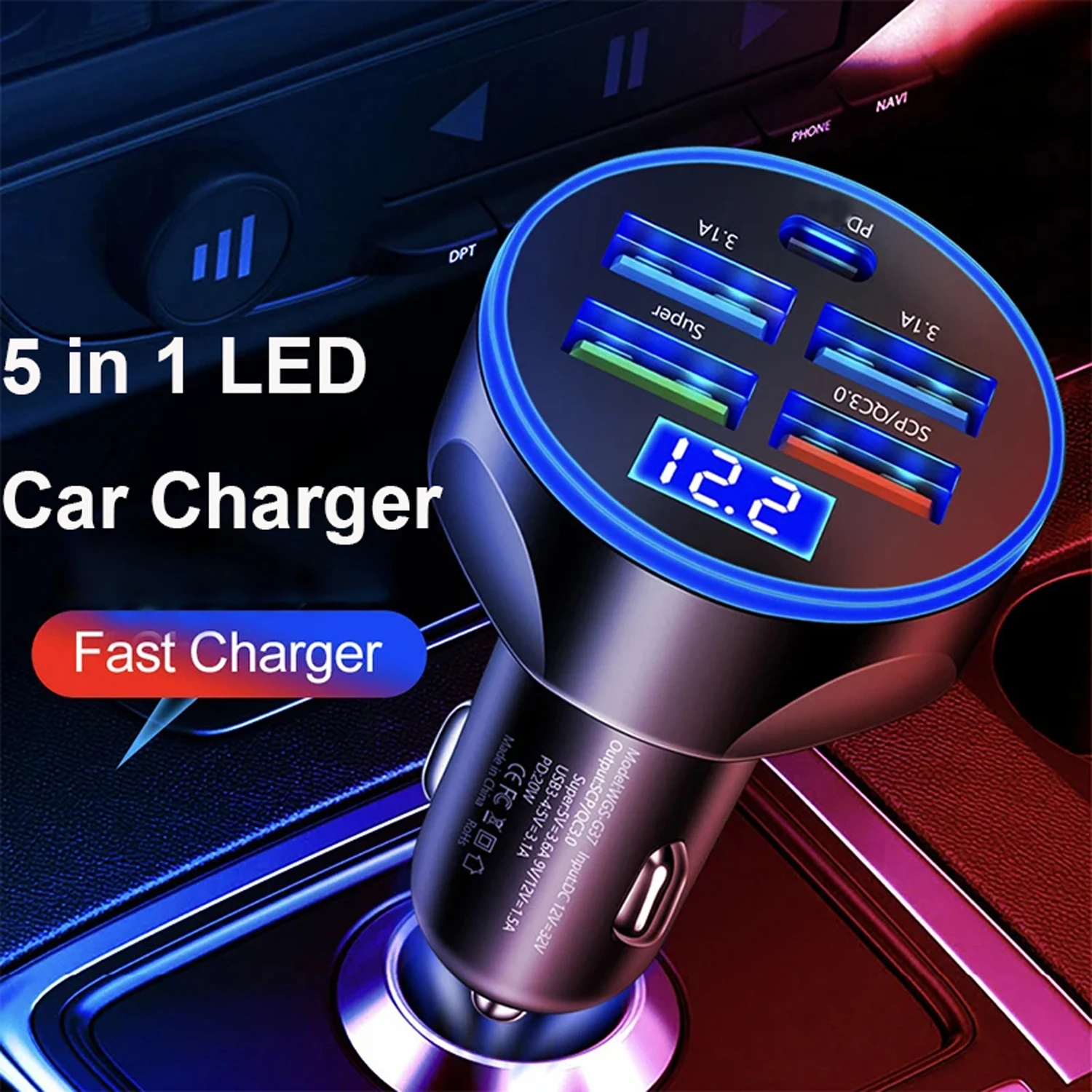 5 in 1 USB C Car Phone Charger Adapter with Voltage Display Dual PD Super Fast for iPhone 16 15 14 13 12 11 OPPO Samsung Huawei