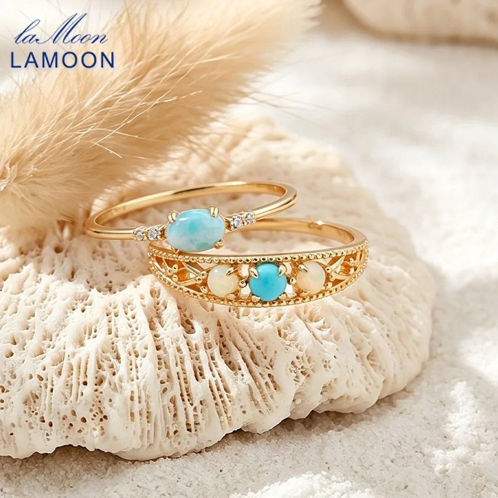 LAMOON Natural Gemstone Turquoise Opal Rings For Women Vintage Hollow-out 925 Sterling Silver Gold Plated Dainty Fine Jewelry
