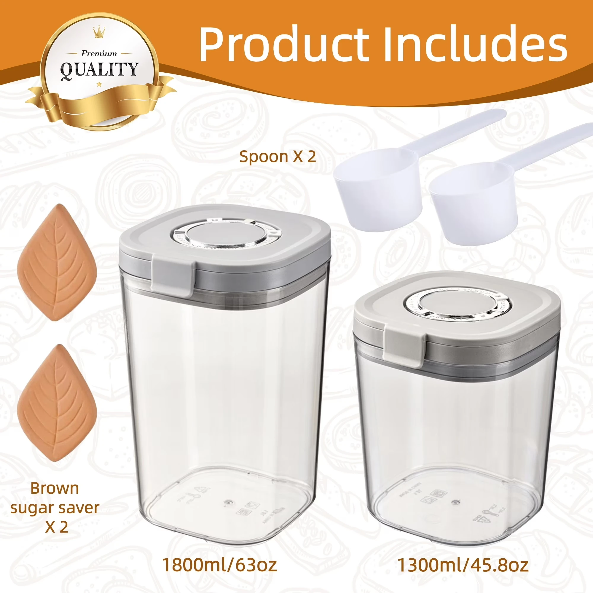 Brown Sugar Keeper Container Set, Airtight Lid 63 Oz & 45 Oz Clear Glass Jars with Moisture Control Disc, 2 Pack Food Storage Canister for Soft Brown Sugar, Baking Supplies