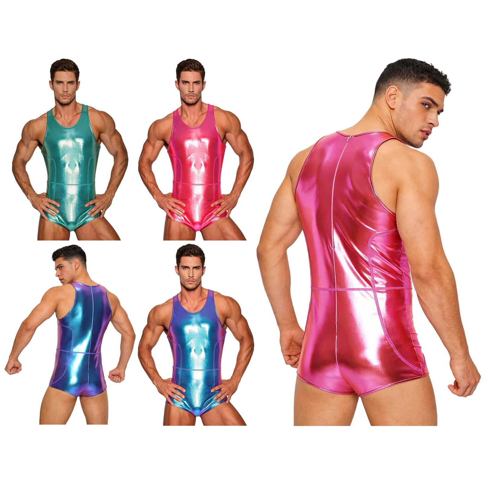 Herren-Badeanzug mit metallischem Glanz, Rundhalsausschnitt, ärmellos, einteiliger Badeanzug, Shorts, Reißverschluss hinten, Badeanzug, Clubwear – Detail 2