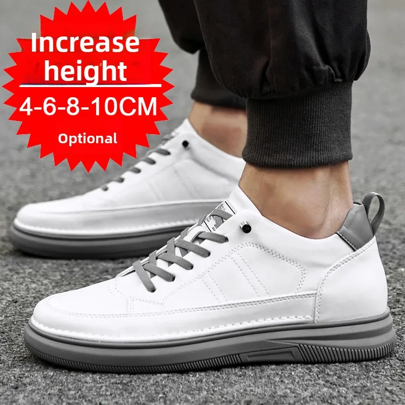 

High Quality Men's Shoes Invisible Height Increasing 4-6-8-10CM White Leather Casual Shoes New Lace Up Elevator Walking Sneakers