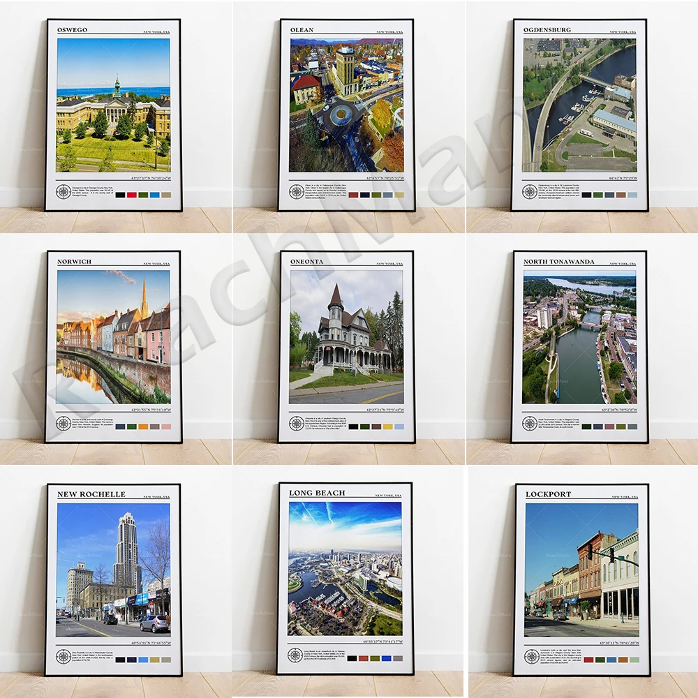 

USA Lockport, New Rochelle, Niagara Falls, North Tonawanda, Norwich, Ogdensburg, Oswego, Oneonta. New York travel poster printin