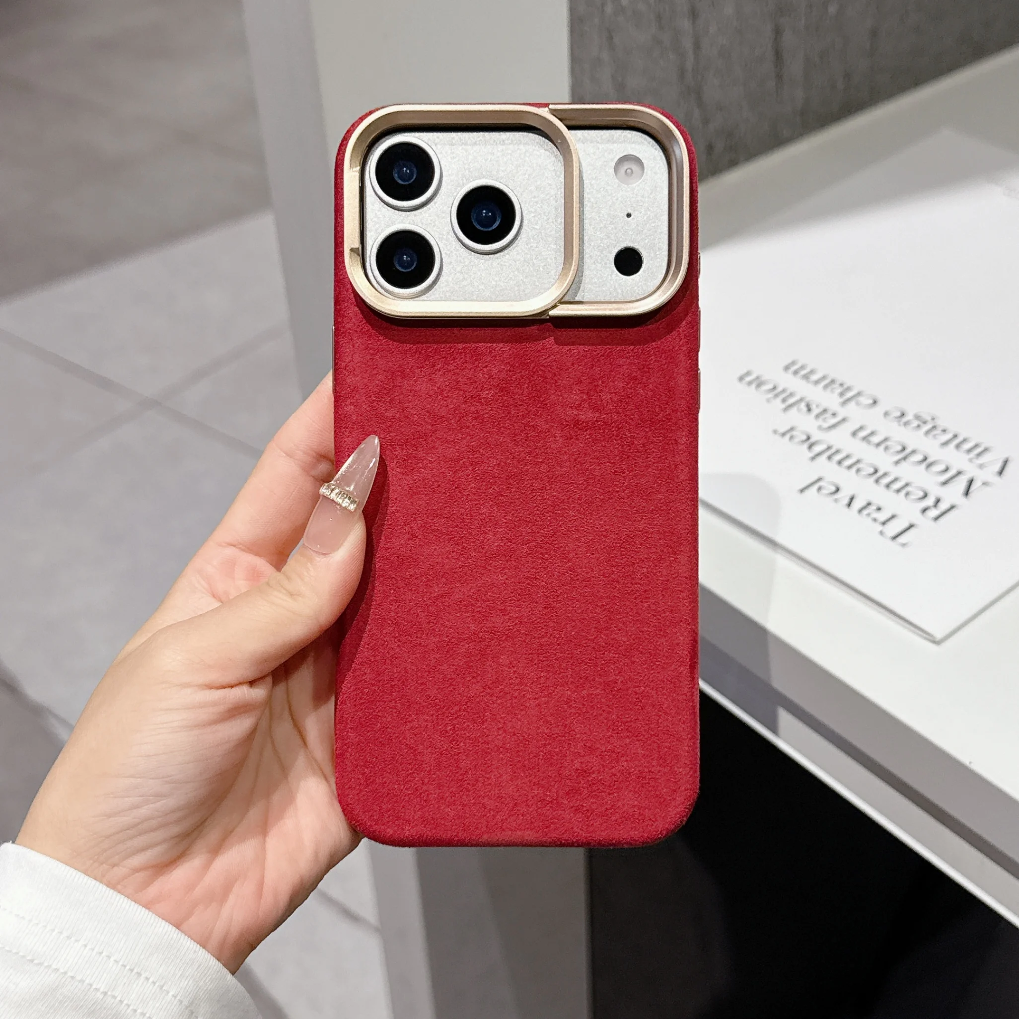 

For iPhone 17/16 Pro Oudland Suede Skin Feel Case, Built-in Magnetic, 2-in-1 Lens & Stand, Anti-Fingerprint Shockproof Cover